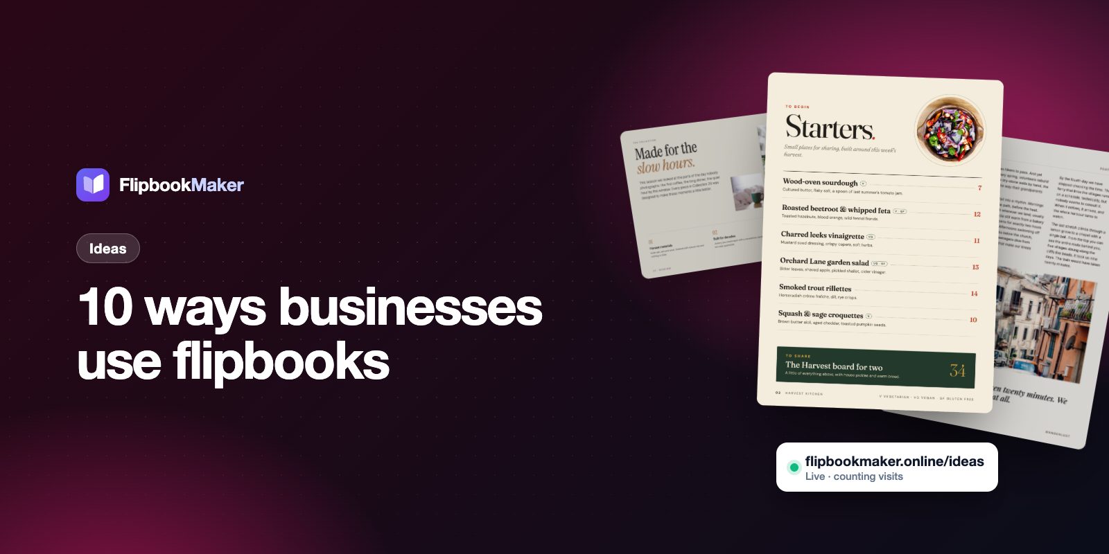 A menu, catalog and magazine shown as flipbooks for business