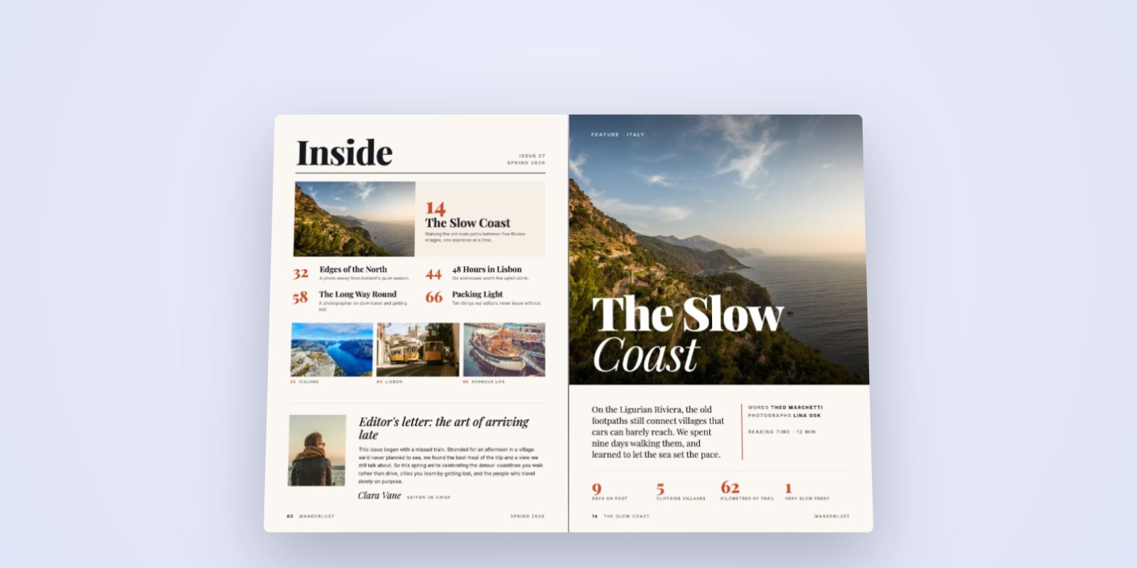 A two-page spread from the Wanderlust travel magazine, made from an ordinary PDF